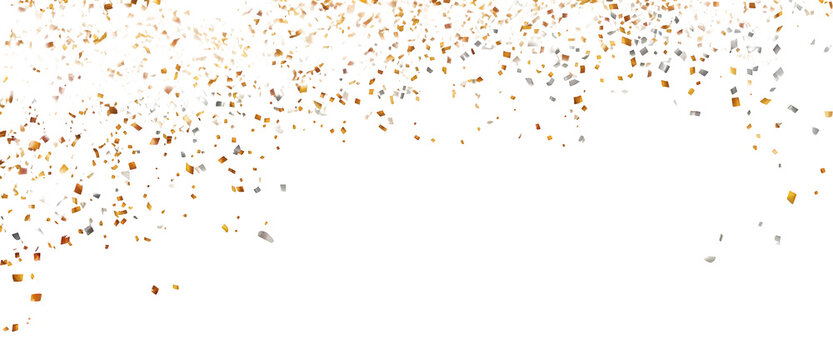 Gold and silver confetti falling gracefully against a bright white background.
