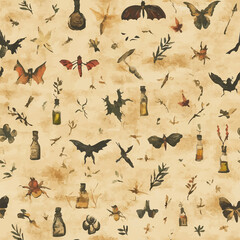 A collection of seamless mystical patterns featuring magical objects, vintage books, potions, tarot cards, celestial skies, and golden suns. Perfect for witchcraft, fantasy, and boho designs.