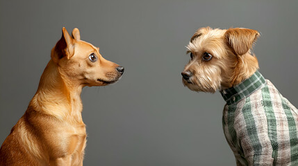 Two Small Dogs Facing Each Other Against a Grey Background