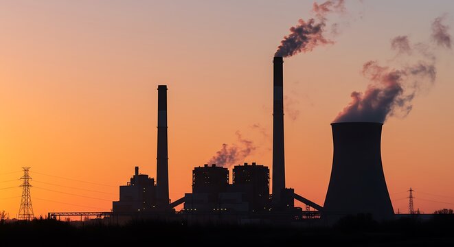 Silhouette of Energy Power Plant at Sunset with Towers and Smoke