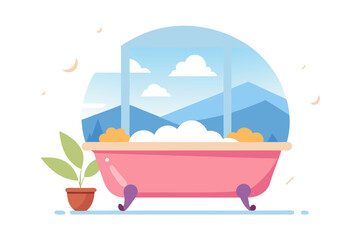 Naklejka premium Cozy Bathtub Setup With Window View And Foam
