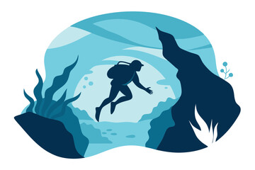 Diver Swimming Through Mysterious Underwater Cavern
