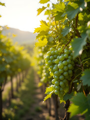 Fresh Green Grapes Growing in Vineyard Surrounded by Beautiful Sunlight :