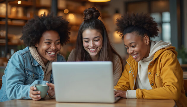 Diverse group young women collaborate around laptop in cozy cafe. Smiling friends work together on project. Sharing ideas, brainstorming. Digital technology, teamwork, friendship, community, bonding.