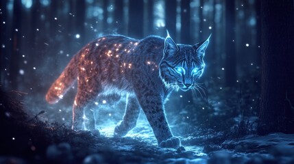 Enchanted Lynx, A mystical creature glowing in the winter forest scenery