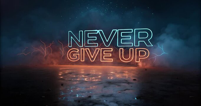 Motivational video illustration with the words never give up with neon theme.