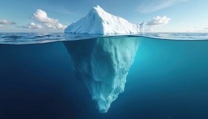 Illustration of iceberg tip emerging from clear blue ocean water. Underwater part of iceberg reflected in the water. Nature landscape concept, environment theme. Ice, water, sky, clouds, blue color.