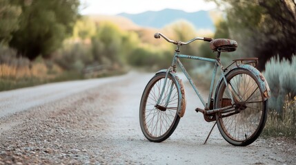 Fototapeta premium Nostalgic journey, A weathered bicycle on a rustic countryside road
