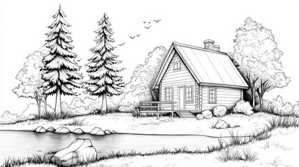 Tranquil Cottage Near Calm Water Scene