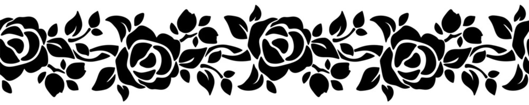 Horizontal seamless border with rose flowers. Floral vignette. Vector black and white roses garland