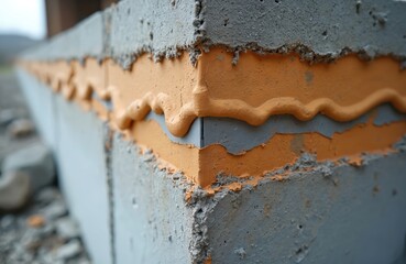 Close-up concrete wall joint with sealant. Orange putty filling the gaps between concrete blocks. Pro waterproofing, foundation protection. Construction, exterior wall repair.
