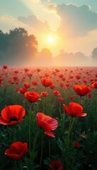 Fototapeta premium Sunlit poppy field obscured by swirling mist; dew-kissed petals , scenic, landscape