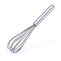 A metal whisk featuring wire loops is set against a transparent background