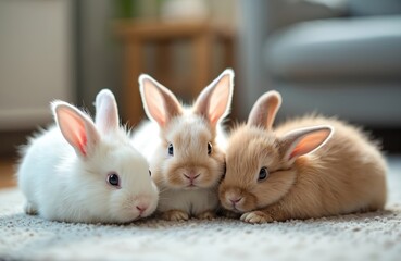 Obraz premium Three adorable fluffy baby bunnies in warm living room setting. Easter concept, springtime, pets, home, fun, joy. Cute bunnies, close up, soft lighting, focus on happy animals. Ideal for holiday,