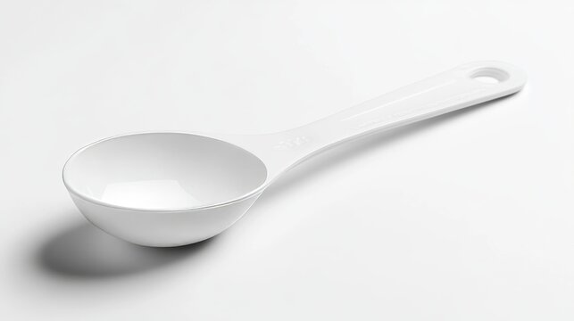 A white plastic measuring spoon is set against a transparent background