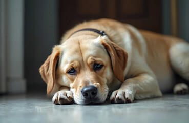 Sad dog lying floor, unwell. Lonely pet looks suffering, missing owner. Canine with painful expression. Domestic animal with disease. Sadness, depression, health problems, veterinary medicine.