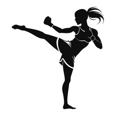 realistic silhouette of a female boxer in mid-kick vector illustration