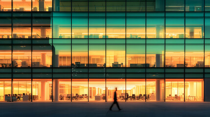 Silhouette Of Person Walking Past Illuminated Office Building Facade At Dusk