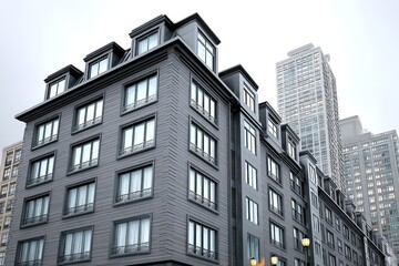 Fototapeta premium A hyper realistic rendering of a modern urban facade showing reflections, textures, and shadows in fine detail