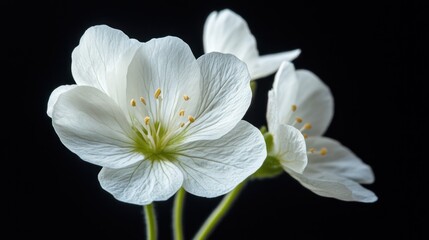 Fototapeta premium Detailed macro shot of delicate white flowers against a stark black backdrop