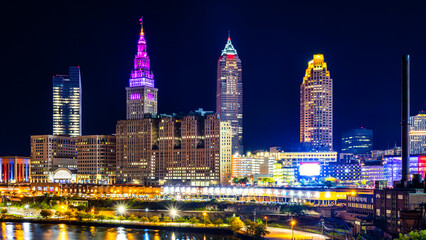 Cleveland, Ohio skyline by night. Cleveland is a major city in the U.S. state of Ohio and the...