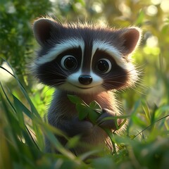 Obraz premium Cute raccoon sitting on log with bright smile and fur high resolution image