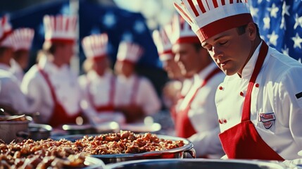 Culinary competition team with patriotic hats prepares diverse food display