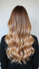 Naklejka premium Long, wavy, blond hair with balayage. Shiny, smooth locks with beautiful color transition. Modern hairstyle, ideal salon advertisement for hair care services. Perfect coiffure, stylish look.