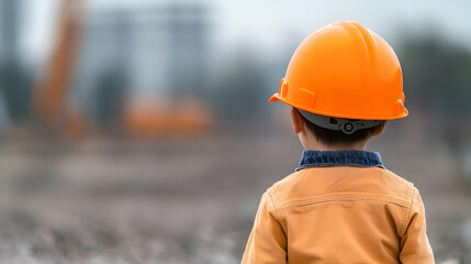 Young Child In Orange Construction Helmet Observing A Construction Site With Blurred Background