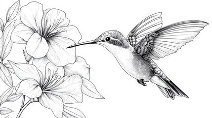Fototapeta premium Hummingbird and Flowers Sketch Art