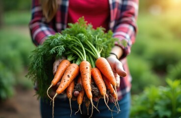 Woman hands hold bunch of fresh carrots, organic vegetables from garden. Harvesting carrots. Healthy food from farm. Summer harvest. Fresh vegetables in hands. Farmer crop at home.
