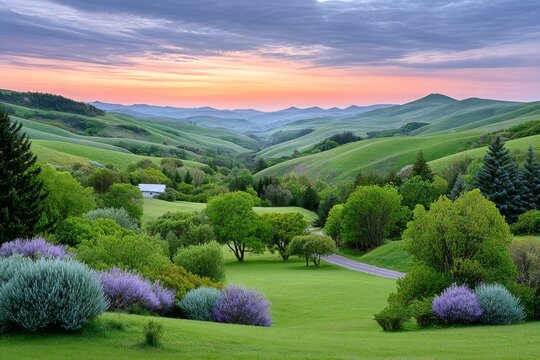 Sunset behind rolling green Scottish highlands with scattered clouds