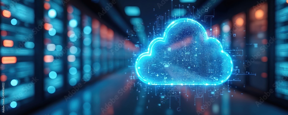 Aufkleber Futuristic data center digital cloud computing. Neon blue lights, cyber network connections. IT concept, high tech, data storage, cloud services, communication, web hosting.