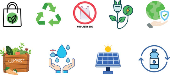 Set of Eco-Friendly Icons &ndash; Reusable Bag, Recycle, No Plastic, Green Energy, Solar Power, Save Water, Protect Earth, Compost