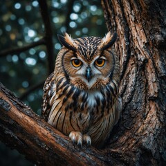 An owl resting in an ancient tree with glowing runes carved into its bark.