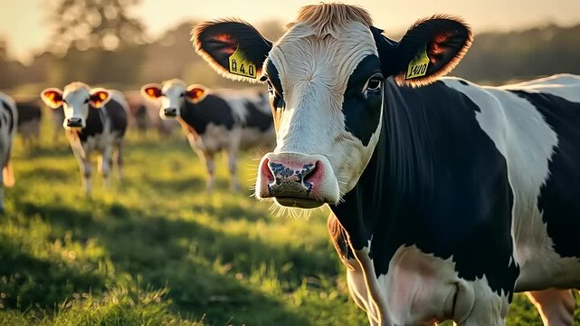 Close-up of a curious cow in a green pasture with other cows grazing in the background at sunset