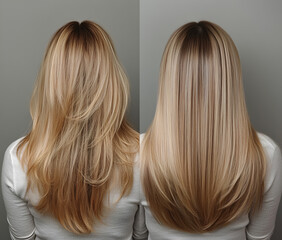 Naklejka premium Hair before and after straightening treatment on blonde woman