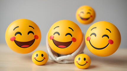 Fototapeta premium Smiley emojis happy smile beaming faces. Icon emoticons jovial considerate client communication. Interpersonal warmth touch solace symbolized Customer Assistance conversational star face expressions.
