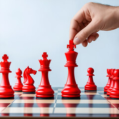 Person strategically places red chess king piece on chessboard. Teams compete for advantage. Business leader makes decision for innovation in customer-centric approach. Competitive business strategy