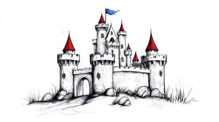 Obraz premium Fantasy Castle with Red Roofs and Flag