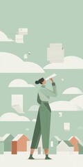 Home Search, Real Estate Discovery concept with a girl looking in a telescope for mortage contracts and houses. Illustration for real estate market