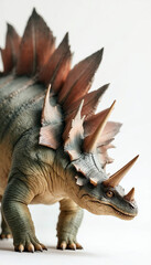 Fototapeta premium Stegosaurus with bony plates stands calmly against white, showcasing prehistoric charm.Explain Stegosaurus platesCompare to Triceratops