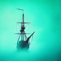 A ghostly pirate ship appearing through the fog