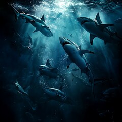 Fierce sharks swimming effortlessly through ocean with sun rays glowing high resolution image