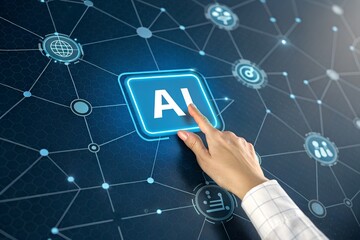 AI Technology Activation: A hand hovers over a glowing AI button, activating a complex network of interconnected nodes symbolizing advanced artificial intelligence and data processing.