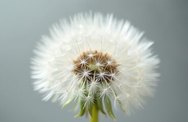 Macro photo of white dandelion with seeds. Fluffy blowball plant with seed head, ready to disperse seeds. Nature detail, spring or summer season, green stem with soft light grey background.