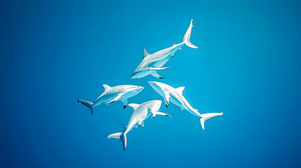 Group Of Sharks In Blue Ocean Water