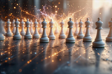 A dramatic image of white chess pieces arranged on a reflective surface, with sparks and energy emanating from their midst, suggesting strategic conflict and powerful transformation.