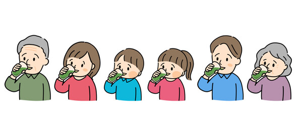 青汁を飲む家族のイラストセット