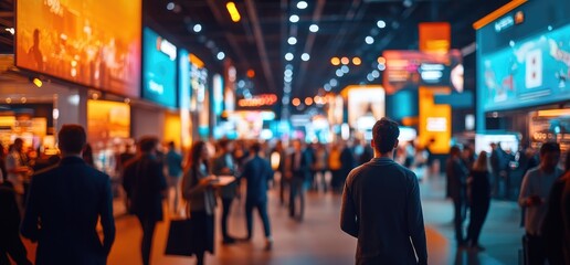 Crowded trade show, diverse attendees, bright displays